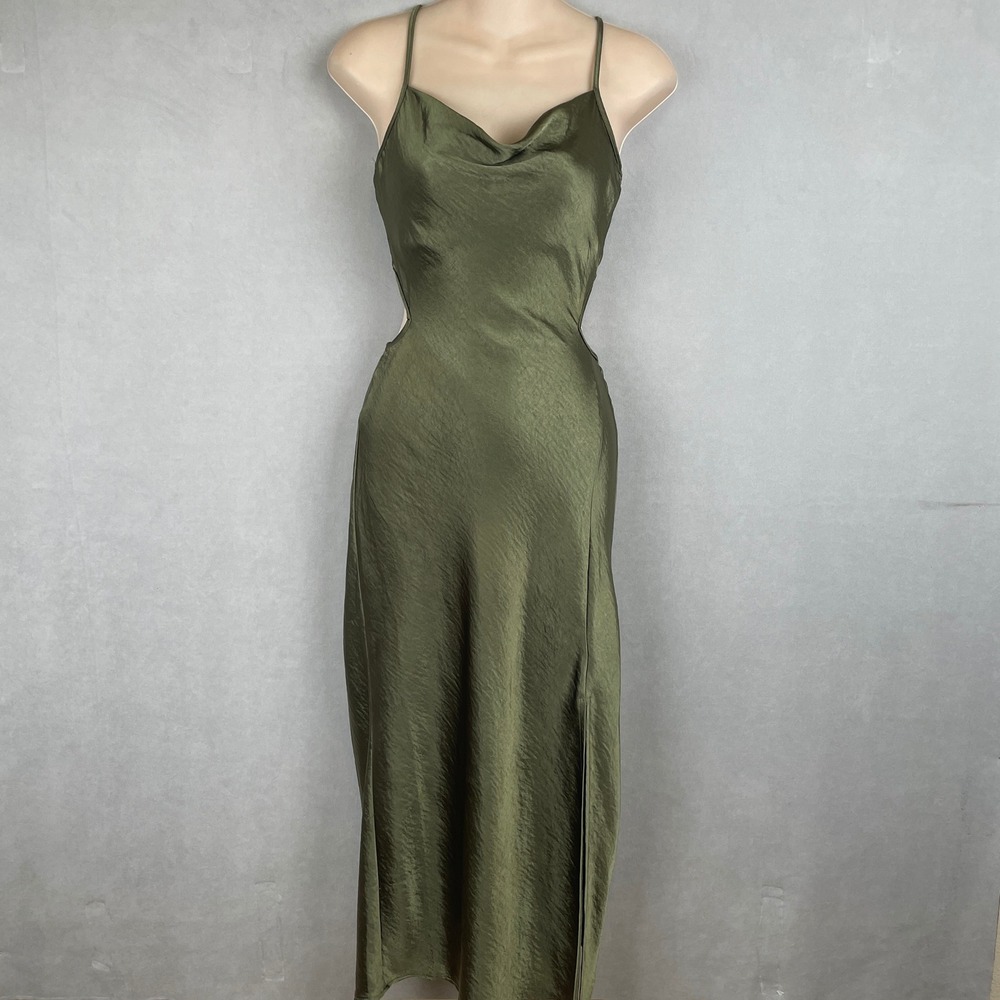 Forever 21 Olive Green Satin Cowl Neck Cut-Out Lace-Up Back Maxi Gala Dress S